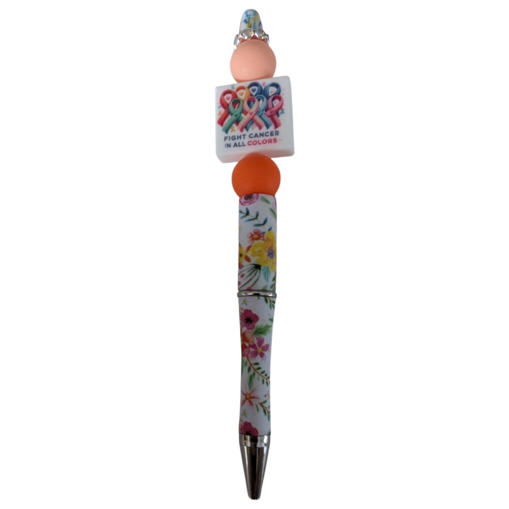 Hand Crafted Fight Cancer Pen ribbons floral beads white